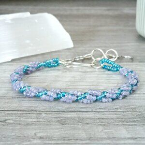 Purple & blue spiral rope beaded bracelet, adjustable 7 - 9"
